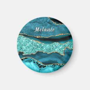 Teal Blue Guld Glitter Marble Custom Name Magnet