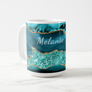 Teal Blue Guld Glitter Marble Custom Name Mugg