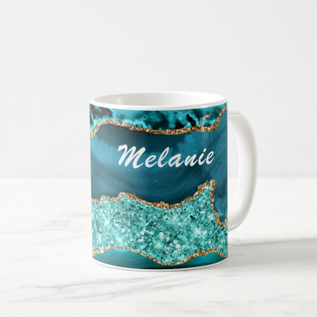 Teal Blue Guld Glitter Marble Ditt namn Coffee Mug Kaffemugg (Framsida höger)