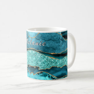 Teal Blue Guld Glitter Marble Mugg med eget namn