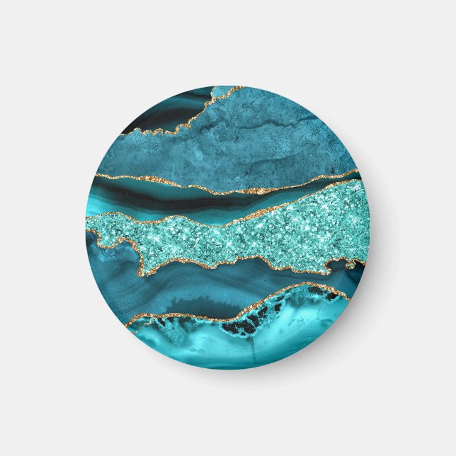 Teal Blue Guld Glitter Marble Turkvoise Magnet (Framsidan)