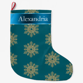 Teal Blue Guld Glitter Snöflingor Namn Stor Julstrumpa