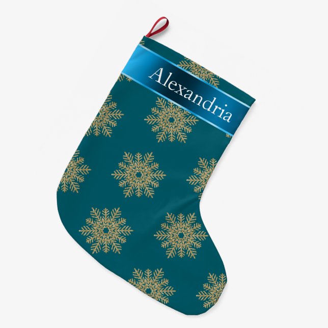Teal Blue Guld Glitter Snöflingor Namn Stor Julstrumpa (Framsidan (Hängande))
