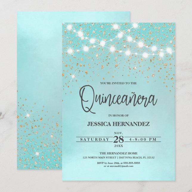 Teal Blue Guld Glitter Sparkles Ljus Quinceañera Inbjudningar (Fram/baksida)