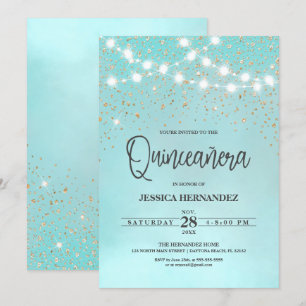 Teal Blue Guld Glitter Sparkles Ljus Quinceañera Inbjudningar