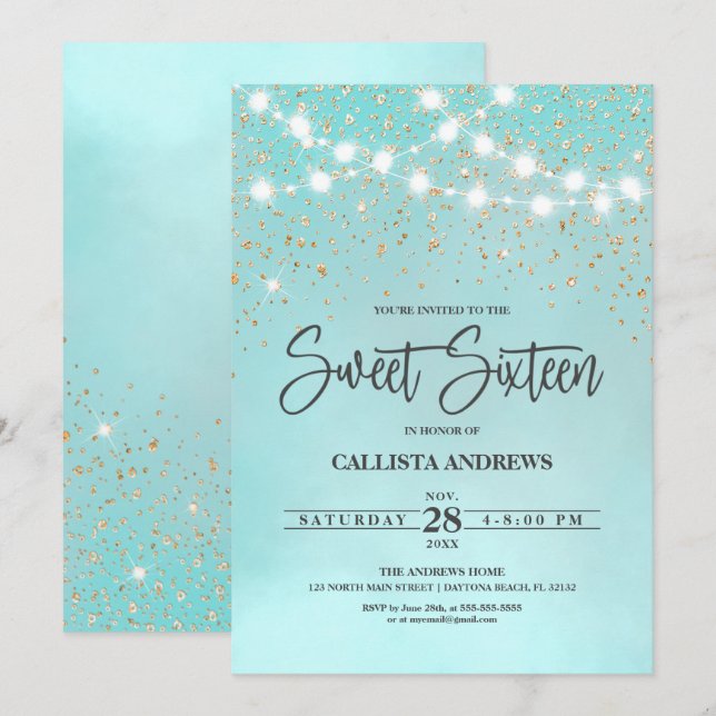 Teal Blue Guld Glitter Sparkles Ljus Sweet 16 Inbjudningar (Fram/baksida)