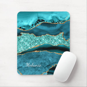Teal Blue Guld Marble Custom Name Mouse Pad Musmatta
