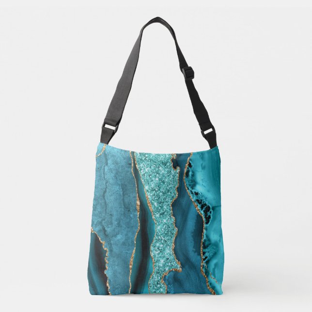 Teal Blue Guld Marble Turcos Crossbody Bag Axelväska (Framsida)