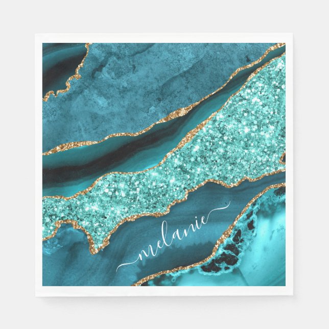 Teal Blue Guld Marble Turcos Ditt namn Napkins Pappersservett (Framsidan)