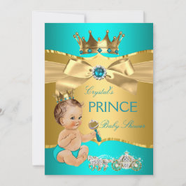 Teal Blue Guld Prince Baby Shower Brunette Boy Inbjudningar