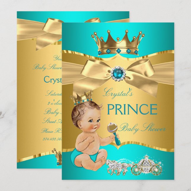 Teal Blue Guld Prince Baby Shower Brunette Boy Inbjudningar (Fram/baksida)