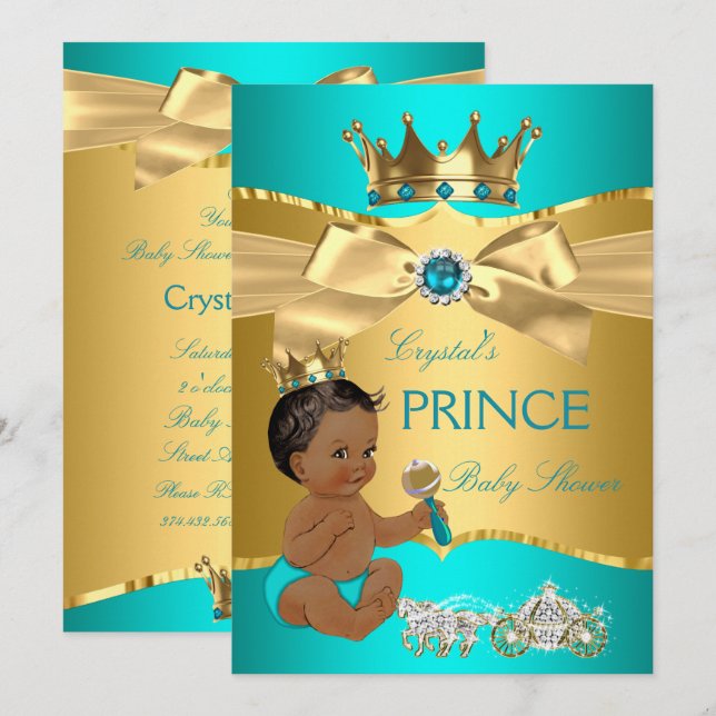 Teal Blue Guld Prince Baby Shower Ethnic Inbjudningar (Fram/baksida)
