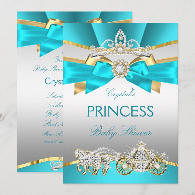 Teal Blue Guld Princess Baby Baby Shower Carriage Inbjudningar (Fram/baksida)