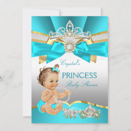 Teal Blue Guld Princess Baby Shower Brunette Inbjudningar