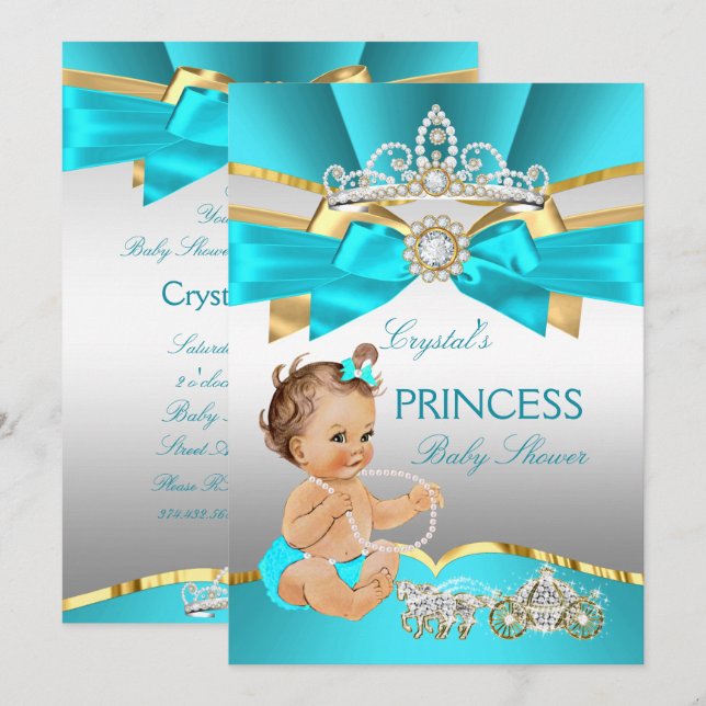 Teal Blue Guld Princess Baby Shower Brunette Inbjudningar (Fram/baksida)