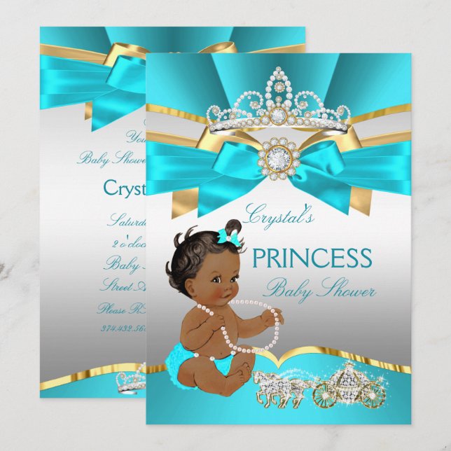 Teal Blue Guld Princess Baby Shower Ethnic Inbjudningar (Fram/baksida)