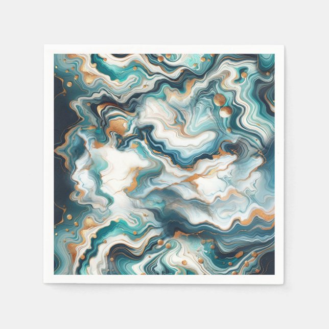 Teal Blue Guld White Modern Marble Agate Bröllop Pappersservett (Framsidan)