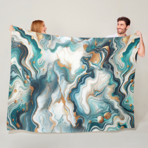 Teal Blue Guld White Modern Marble Agate Fleecefilt