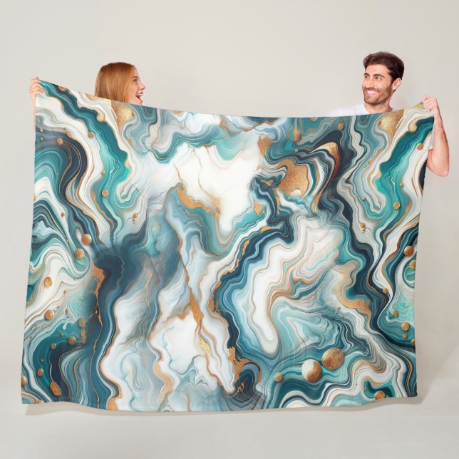 Teal Blue Guld White Modern Marble Agate Fleecefilt (På plats)
