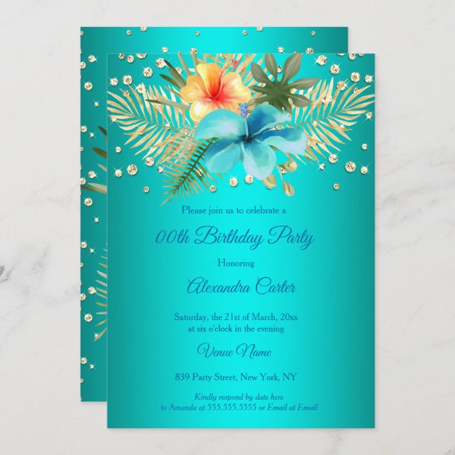 Teal blue Gult guld handflatan blommigt Birthag Inbjudningar (Fram/baksida)