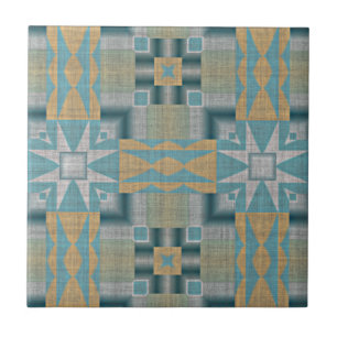Teal Blue Gult Orange Ethnic Tribe Art Kakelplatta