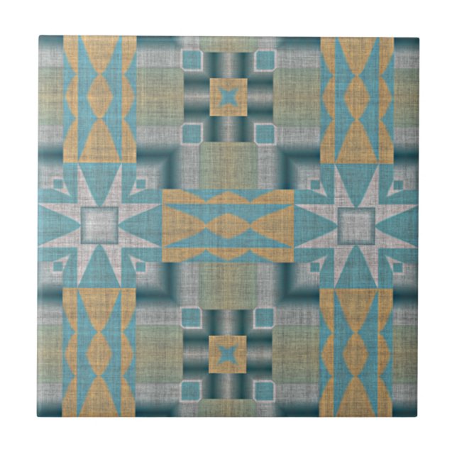 Teal Blue Gult Orange Ethnic Tribe Art Kakelplatta (Framsidan)