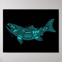 Teal Blue Haida Spirit Fish on Black Poster