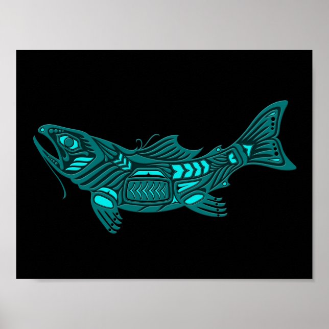 Teal Blue Haida Spirit Fish on Black Poster (Framsidan)