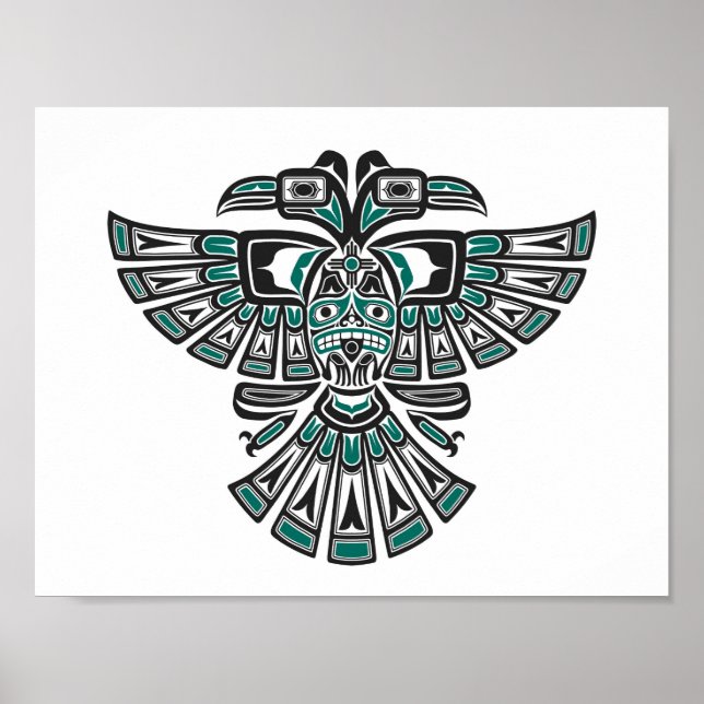 Teal Blue Haida Two Headed Spirit Bird on White Poster (Framsidan)