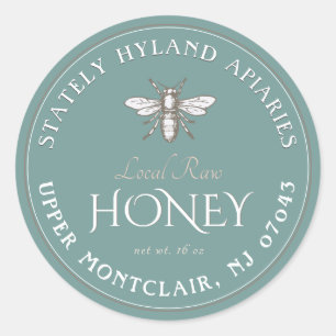Teal Blue Honung Label White Vintage Bee Local Runt Klistermärke