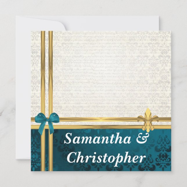 Teal blue & kräm Damask & guld ribbon bröllop Inbjudningar (Framsida)
