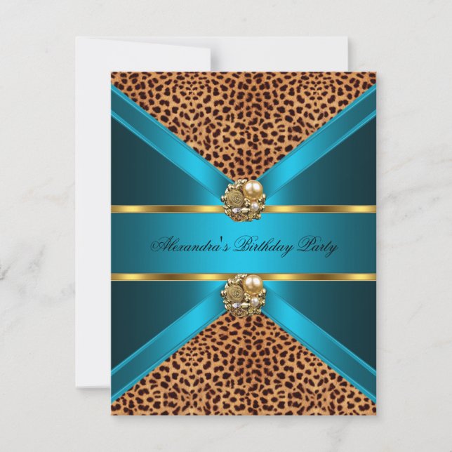 Teal Blue leopard guld Elegant Black Birthday Inbjudningar (Framsida)
