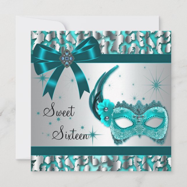 Teal Blue Leopard Sweet sixteen Masquuppad Party Inbjudningar (Framsida)