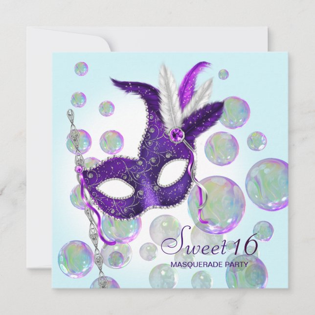 Teal Blue Lila Bubbles Sweet sixteen Masquad Inbjudningar (Framsida)
