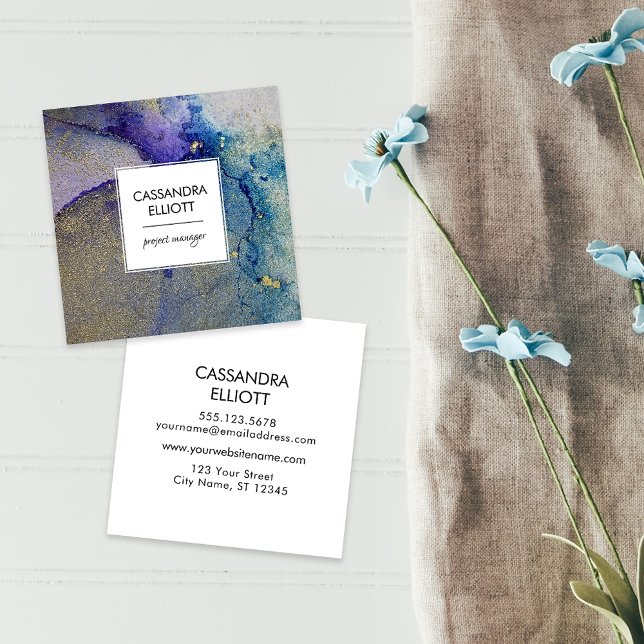 Teal Blue Lila & Guld Abstrakt Liquid Art Fyrkantigt Visitkort (Skapare uppladdad)