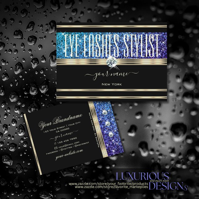 Teal Blue Lila Ombre Glitter Diamonds Guld Black Visitkort (Skapare uppladdad)