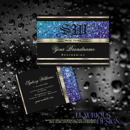 Teal Blue Lila Ombre Glitter Monogram Guld Black Visitkort
