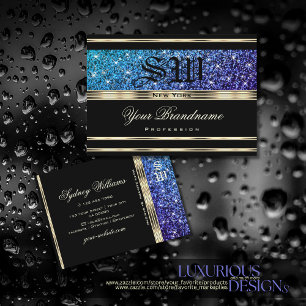 Teal Blue Lila Ombre Glitter Monogram Guld Black Visitkort