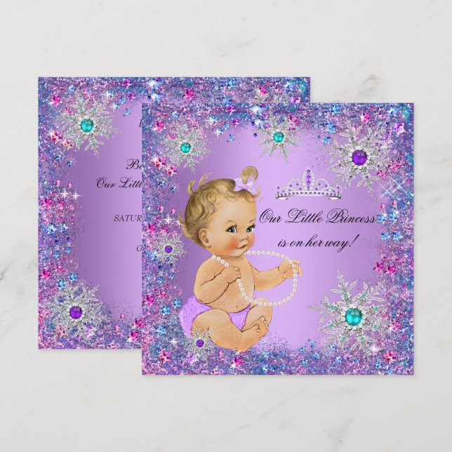Teal Blue Lila Rosa Princess Baby Shower Blonde Inbjudningar (Fram/baksida)