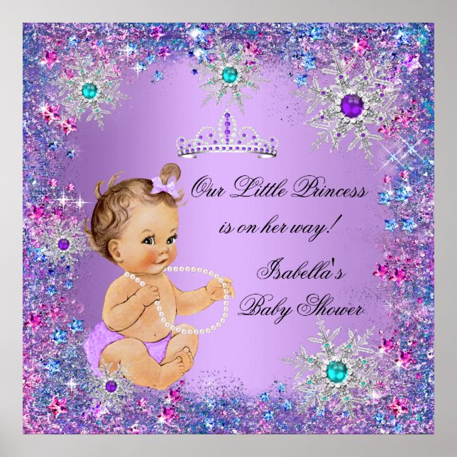 Teal Blue Lila Rosa Princess Baby Shower Brown Poster (Framsidan)
