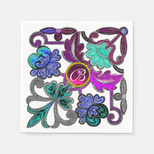 TEAL BLUE LILA SNÖRE FLOWER FLORFUL GEM MONOGRAM PAPPERSSERVETT