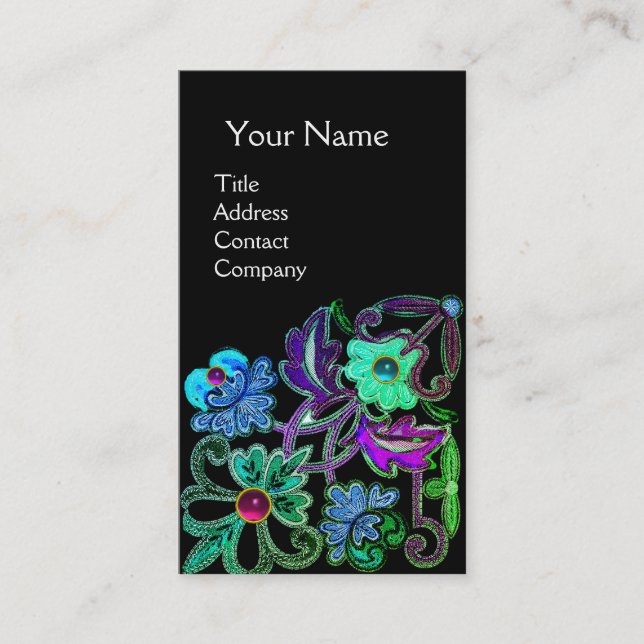 TEAL BLUE LILA SNÖRE FLOWERS GEMSTONES Black Visitkort (Framsida)
