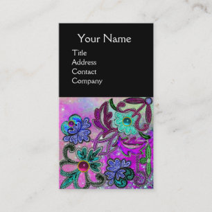 TEAL BLUE LILA SNÖRE FLOWERS GEMSTONES Black Visitkort