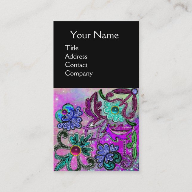 TEAL BLUE LILA SNÖRE FLOWERS GEMSTONES Black Visitkort (Framsida)