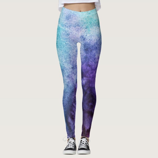 Teal Blue & Lila Watercolor Leggings (Framsida)