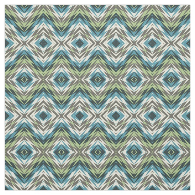 Teal Blue Lime Green Taupe Aztec Mosaic Mönster Tyg (Provkarta)