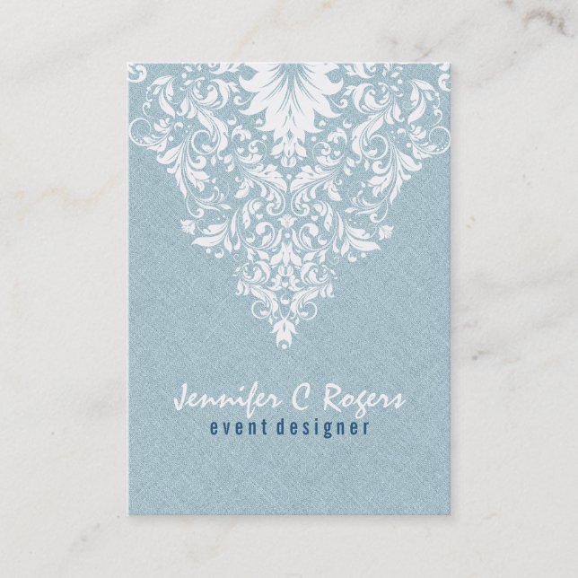 Teal Blue Linen Struktur White Blommigt Snöre Visitkort (Framsida)