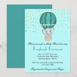 Teal Blue Luftballong Pojke Elephant Shower Inbjudningar