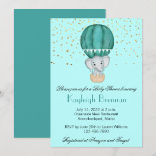 Teal Blue Luftballong Pojke Elephant Shower Inbjudningar