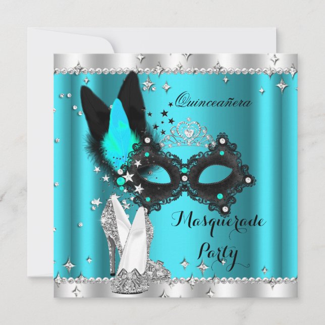 Teal Blue Masquerad Quinceanera Mask Hi Heels 3a Inbjudningar (Framsida)